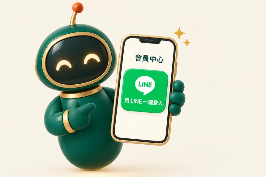 機器人拿著手機,畫面是用 LINE 一鍵登入